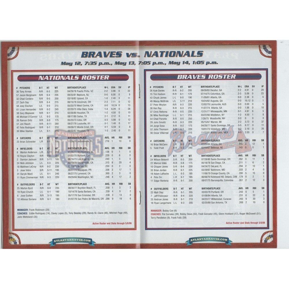 2006 Atlanta Braves vs Washington Nationals Game Program Bobby Cox May 12-14 - Picture 4 of 4